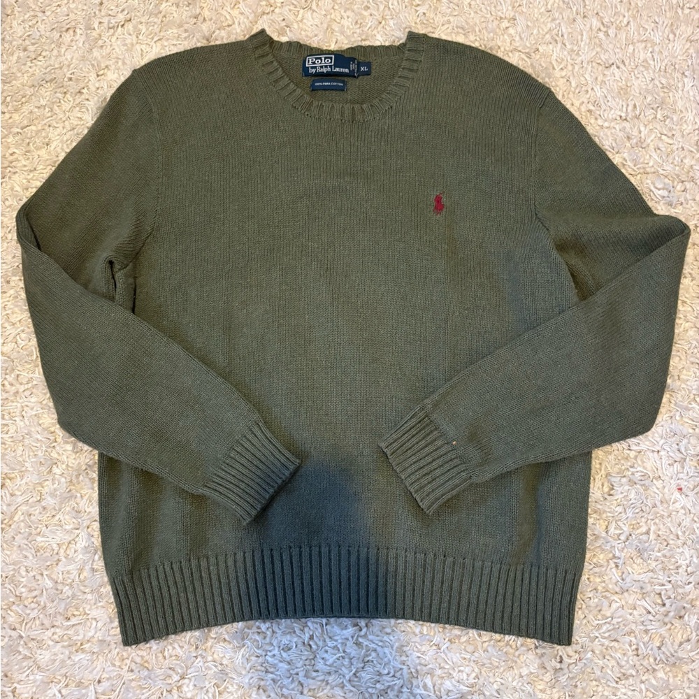 Ralph Lauren Olive Green Crewneck Sweater with Red Polo Pony